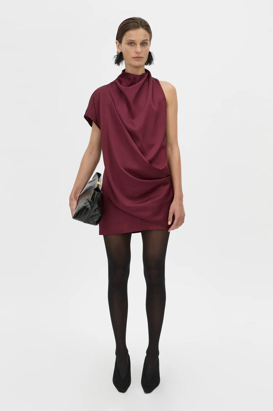AERIS DRAPED SATIN MINI DRESS - BURGUNDY
