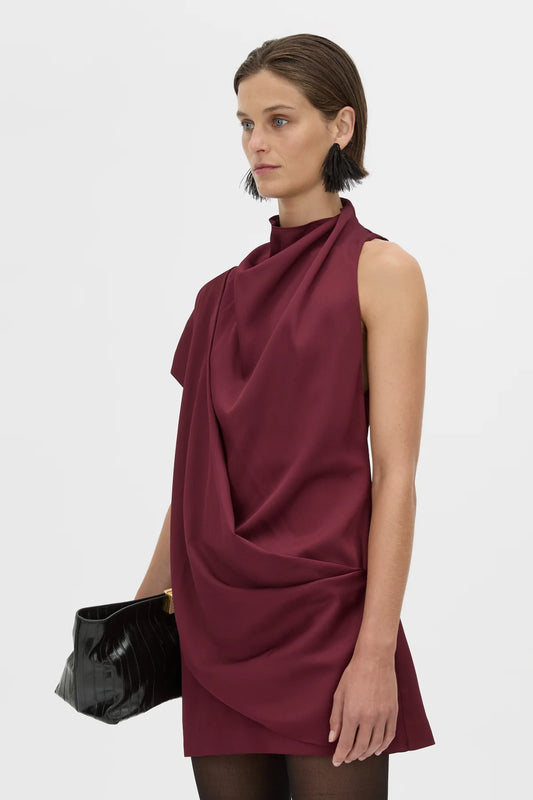 AERIS DRAPED SATIN MINI DRESS - BURGUNDY