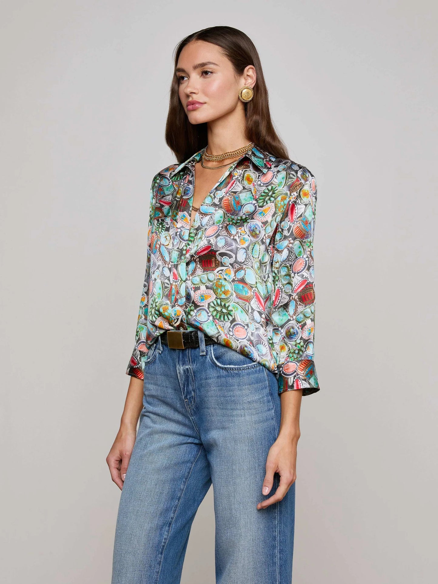 DANI SILK BLOUSE - MULTI MIX TURQUOISE