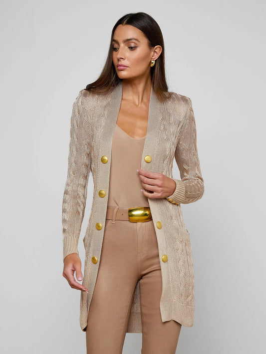 PENELOPE CABLE CARDIGAN - ALMOND/GOLD