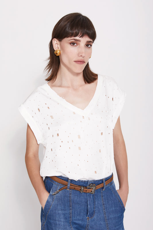 BROKEN V-NECK TEE - NATURAL