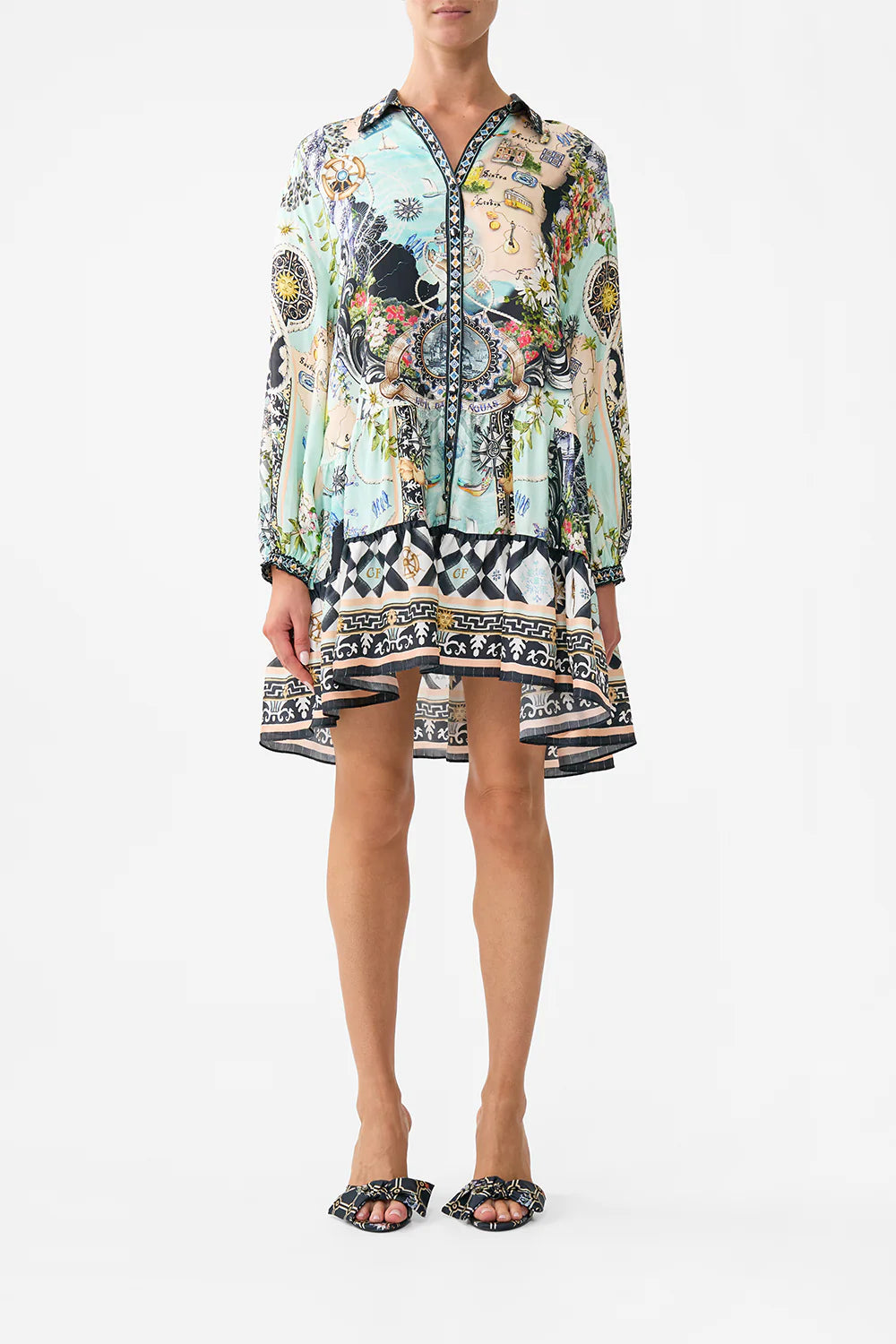 FOLK AFLOAT LONG SLEEVE TIERED SHORT DRESS