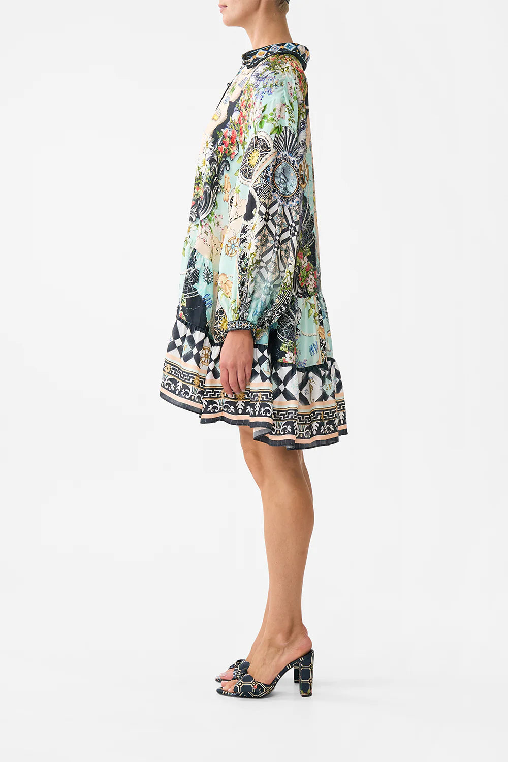 FOLK AFLOAT LONG SLEEVE TIERED SHORT DRESS