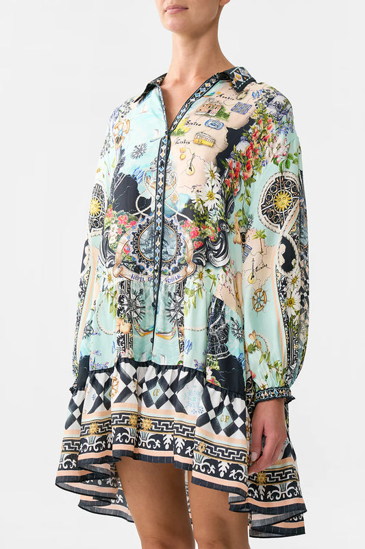 FOLK AFLOAT LONG SLEEVE TIERED SHORT DRESS