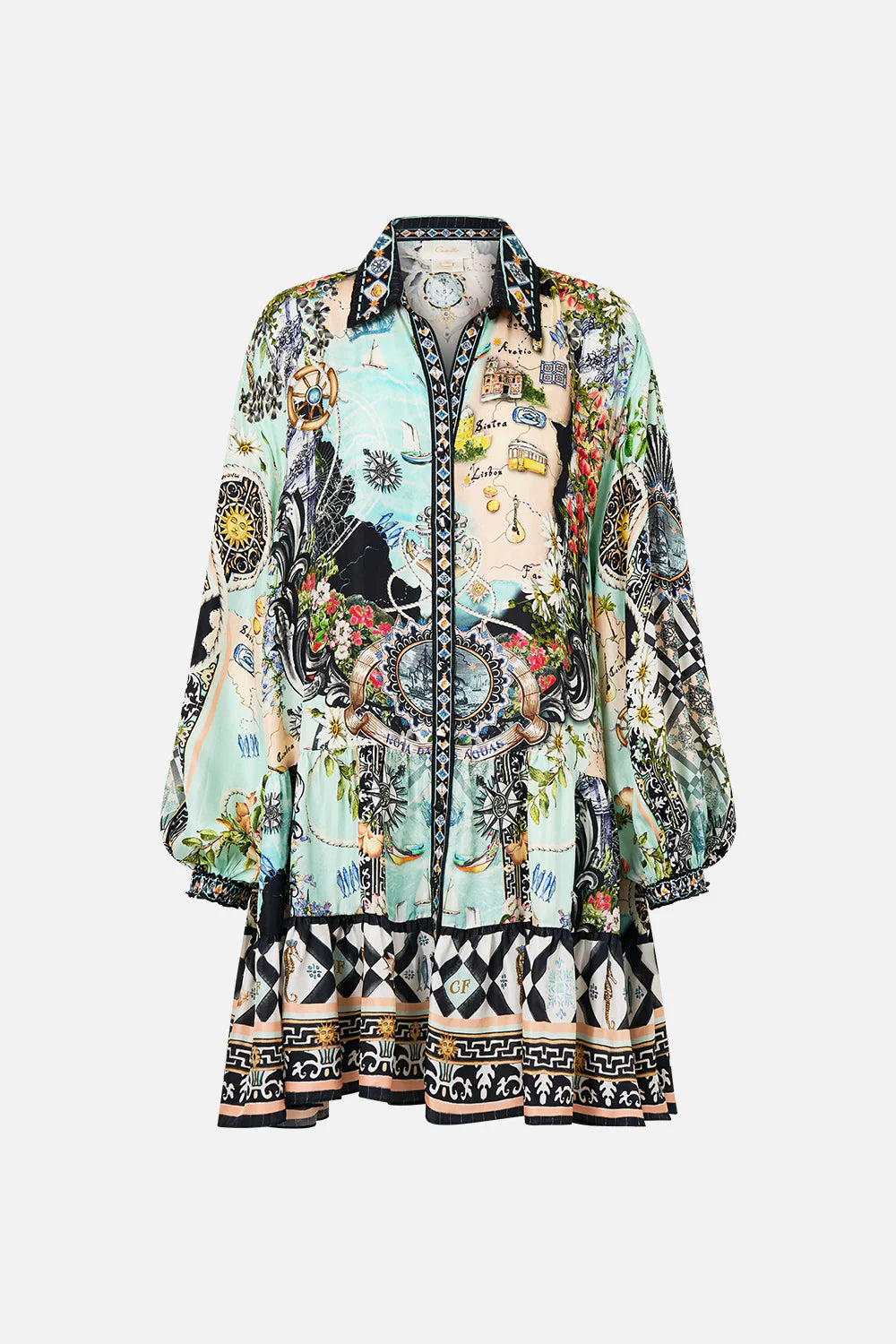 FOLK AFLOAT LONG SLEEVE TIERED SHORT DRESS