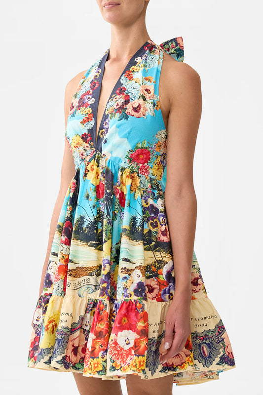 BATHING BOMBSHELL RUFFLE HEM HALTER SHORT DRESS