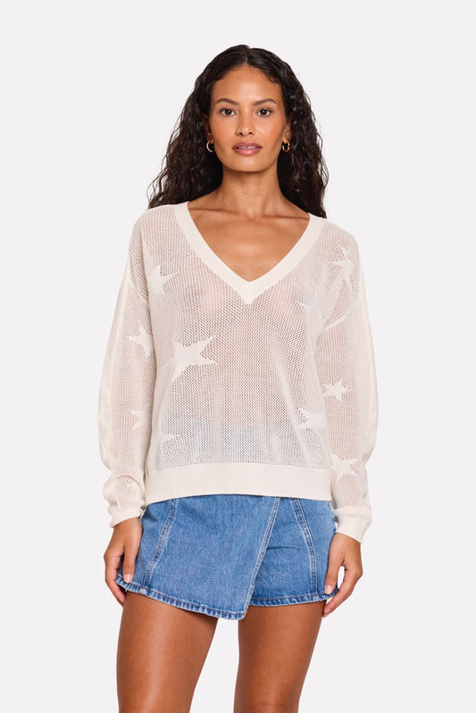 POINTELLE STAR V NECK JUMPER - WHITE