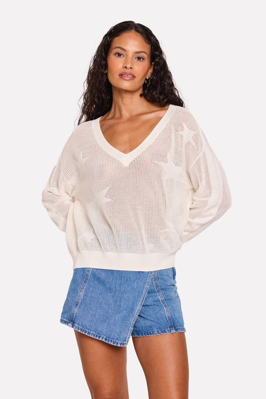 POINTELLE STAR V NECK JUMPER - WHITE