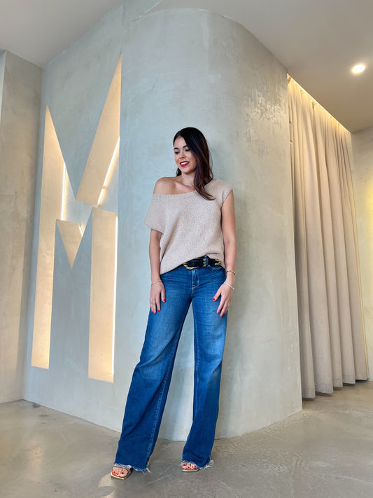 ONE SHOULDER KNIT VEST - BEIGE