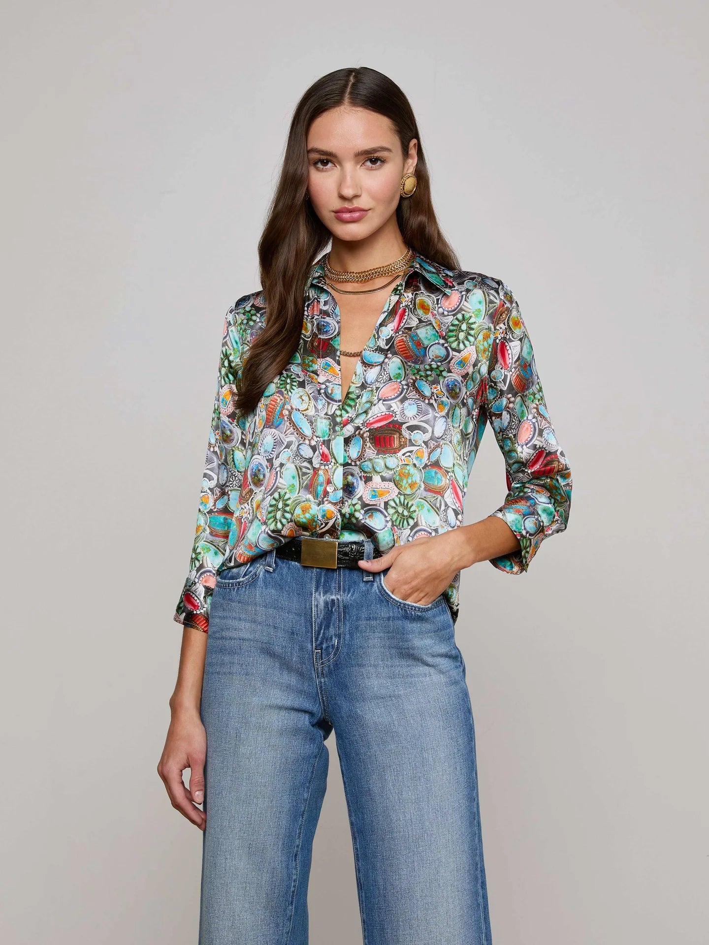 DANI SILK BLOUSE - MULTI MIX TURQUOISE