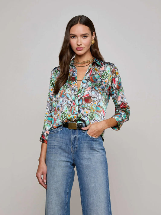 DANI SILK BLOUSE - MULTI MIX TURQUOISE
