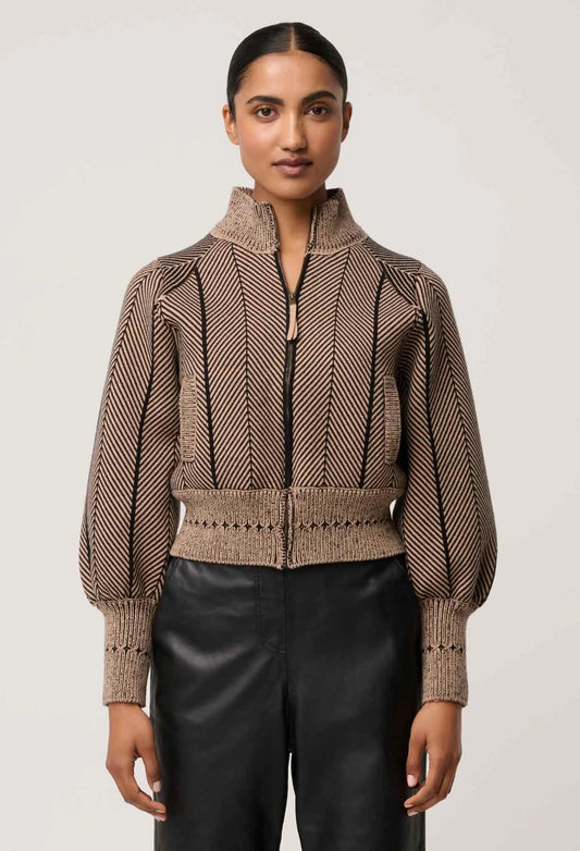 *PREORDER* JEANNE KNIT BOMBER JACKET - TAN CHEVRON