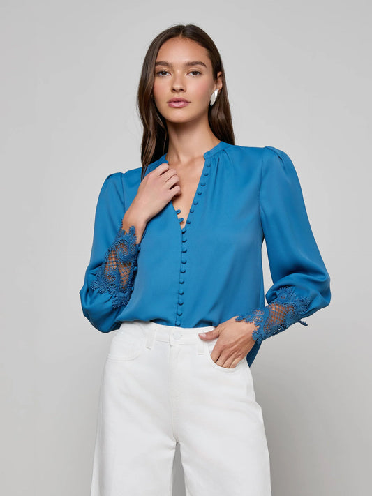 AVA LACE CUFF BLOUSE - STONE BLUE