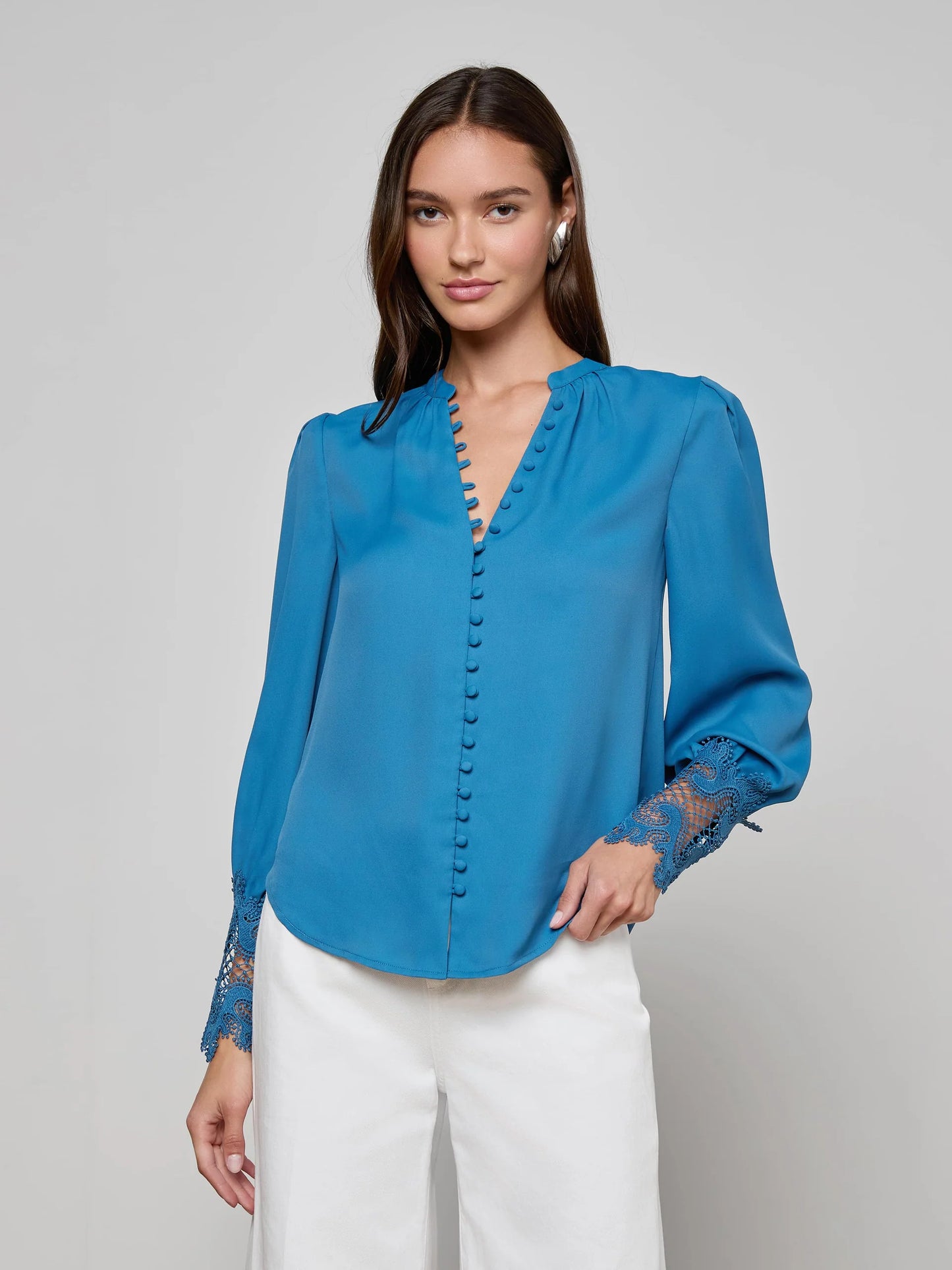 AVA LACE CUFF BLOUSE - STONE BLUE