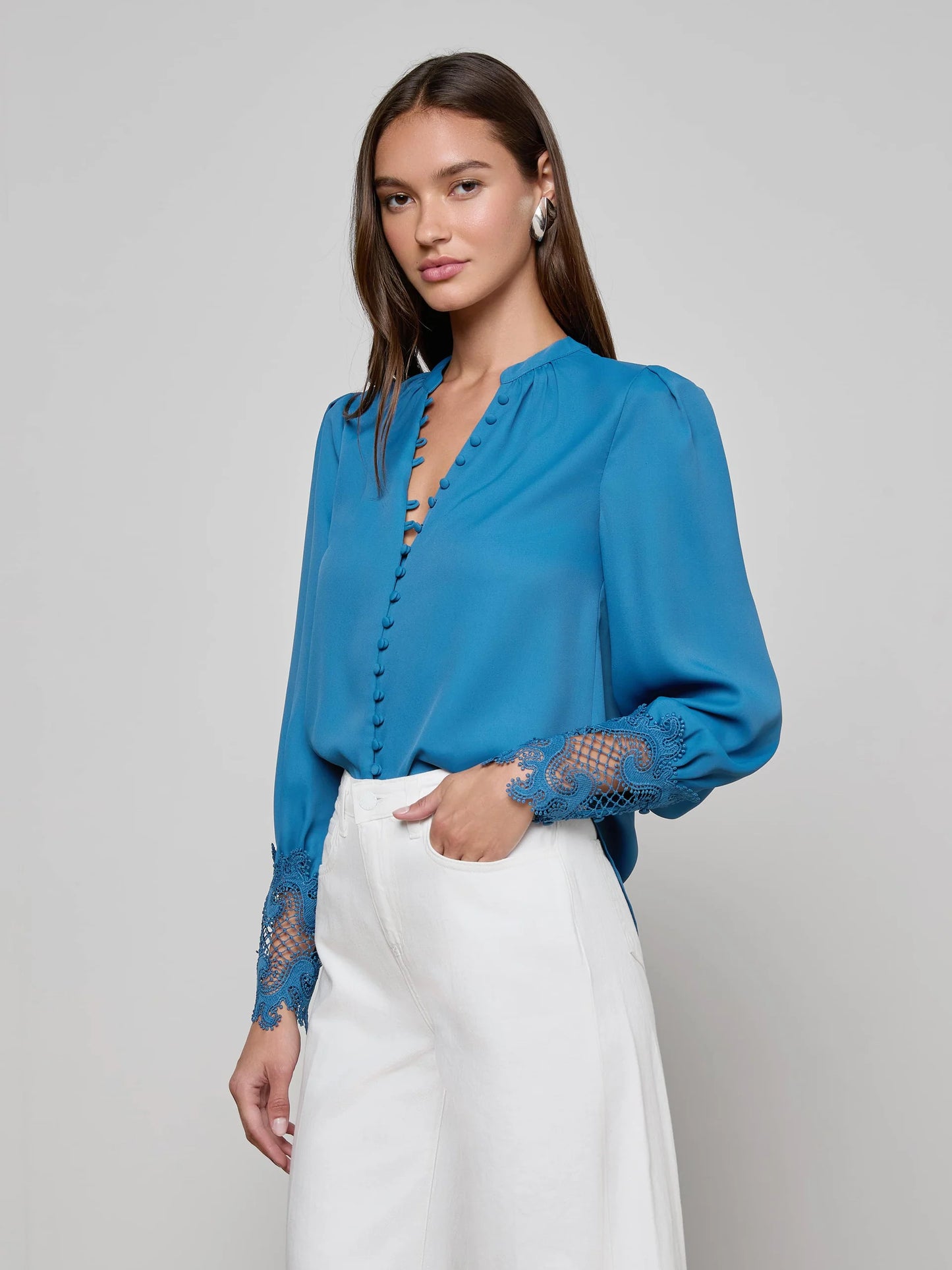 AVA LACE CUFF BLOUSE - STONE BLUE
