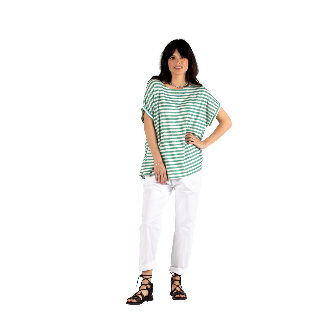 STRIPED LUREX TOP - WHITE/JADE