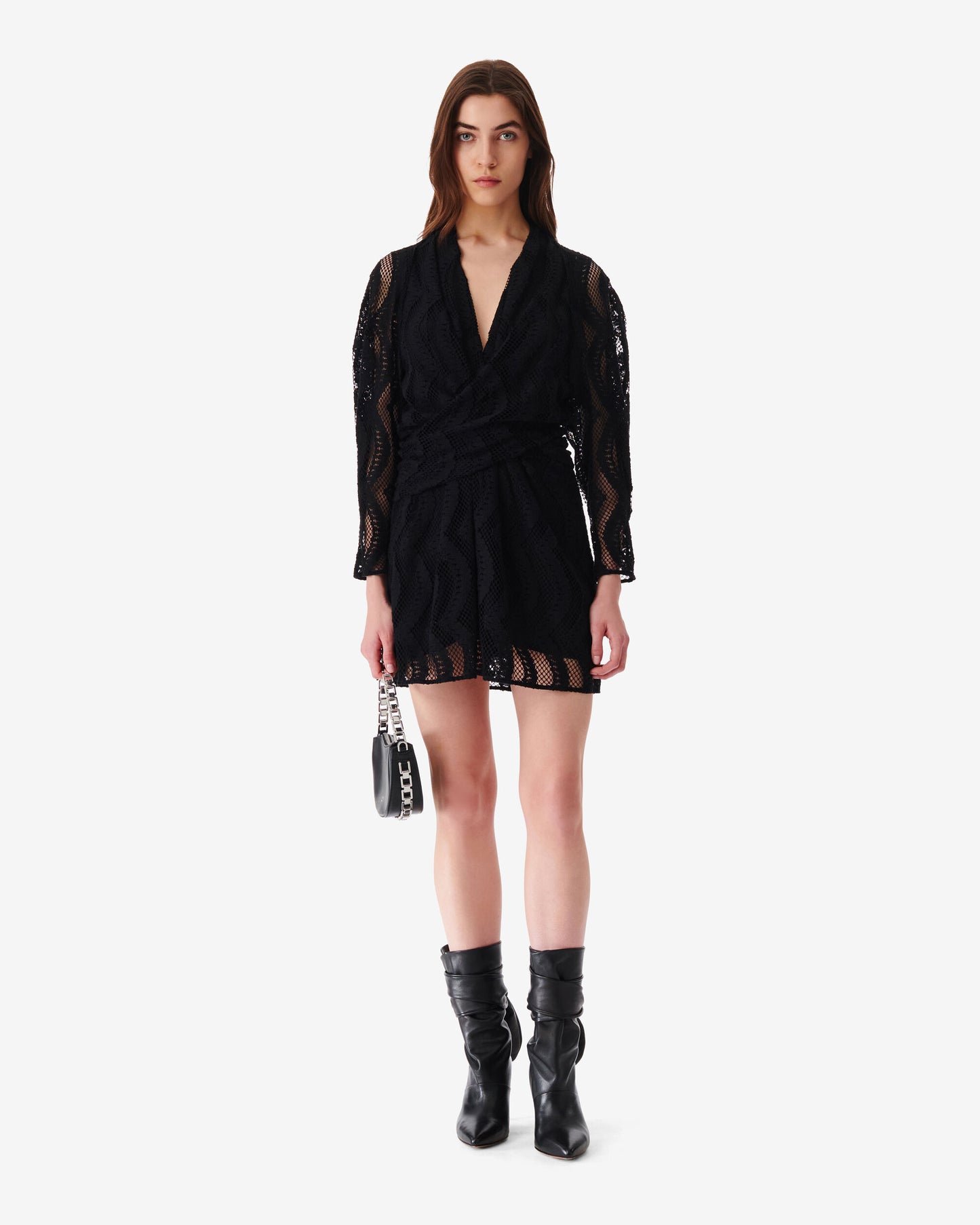 EMSI LACE CROSSOVER V-NECK DRESS