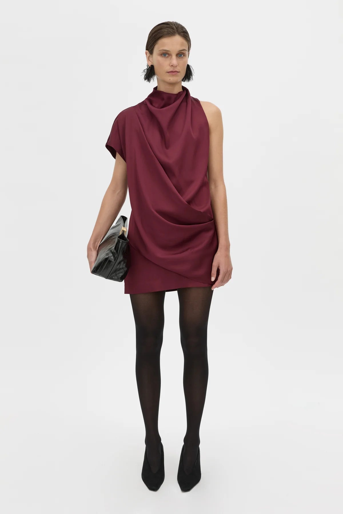 AERIS DRAPED SATIN MINI DRESS - BURGUNDY