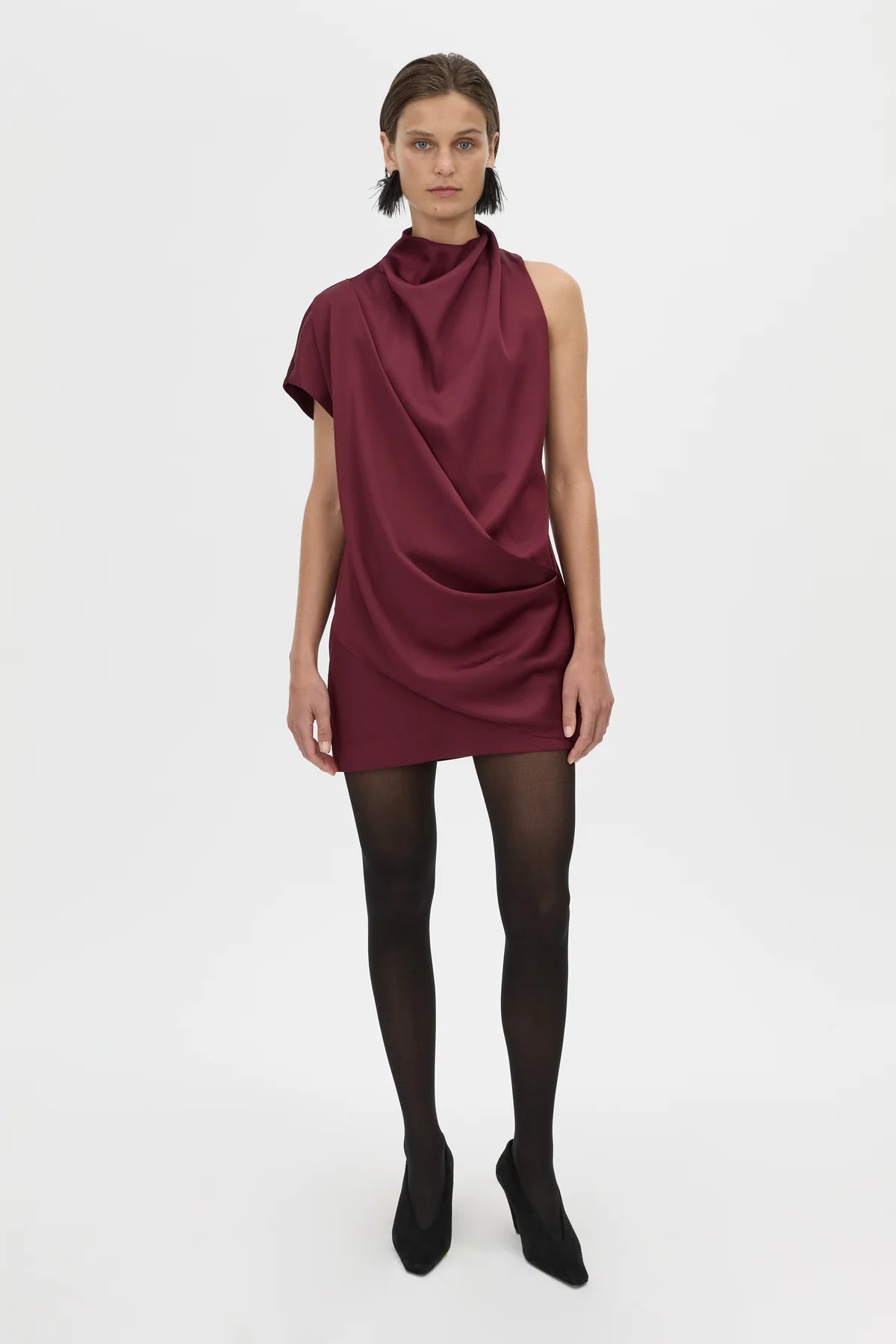 AERIS DRAPED SATIN MINI DRESS - BURGUNDY