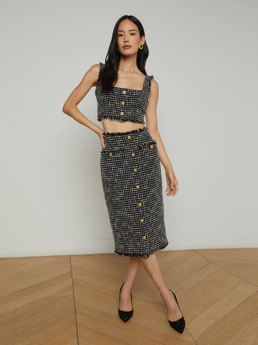 TAI SNAP FRONT MIDI SKIRT - BLACK/ECRU