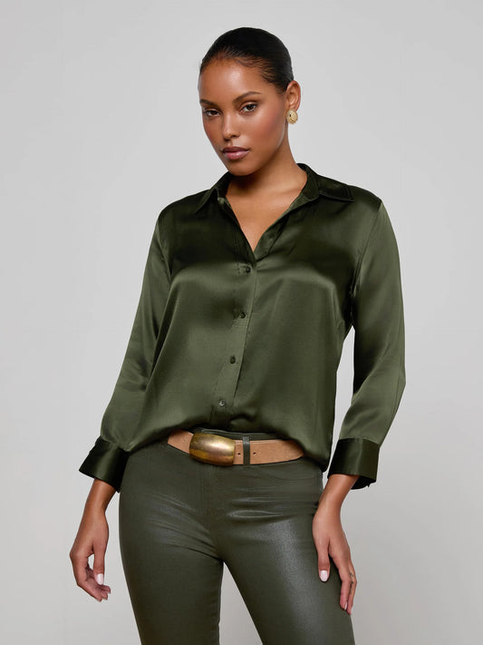 *PREORDER* DANI SILK BLOUSE - DEEP OLIVE