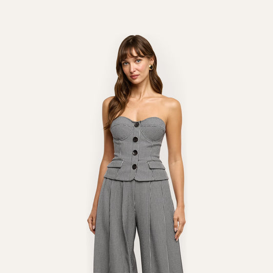 GENEVIEVE TOP - BLACK/WHITE HOUNDSTOOTH