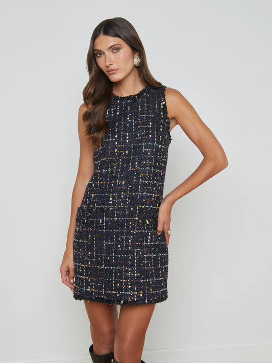 FLORIAN TWEED SHIFT DRESS - MIDNIGHT/MUSTARD PLAID