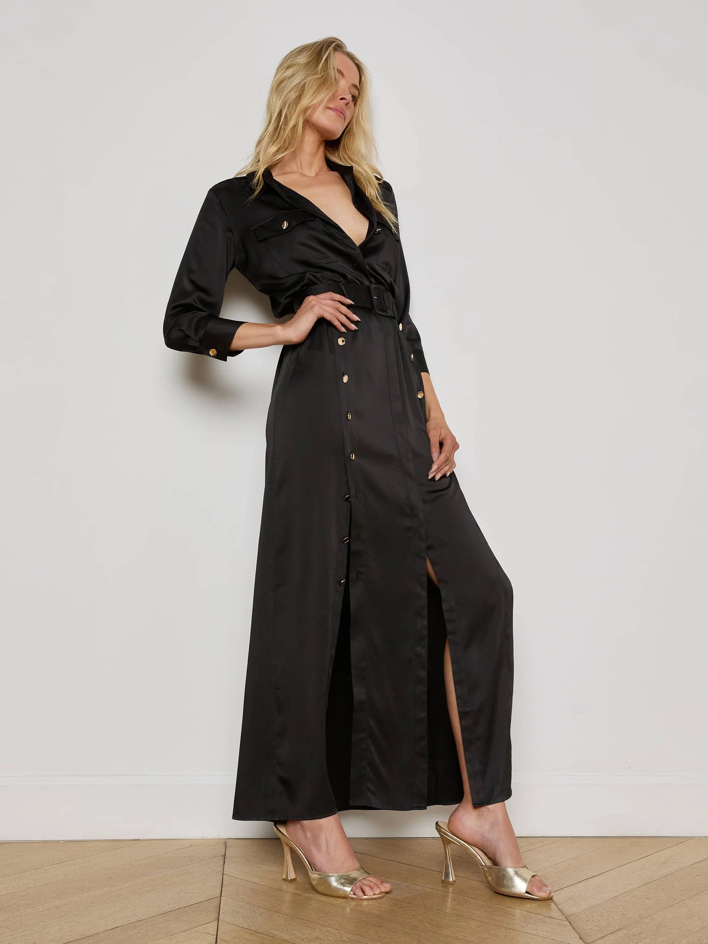 URIAH SATIN SHIRT DRESS - BLACK