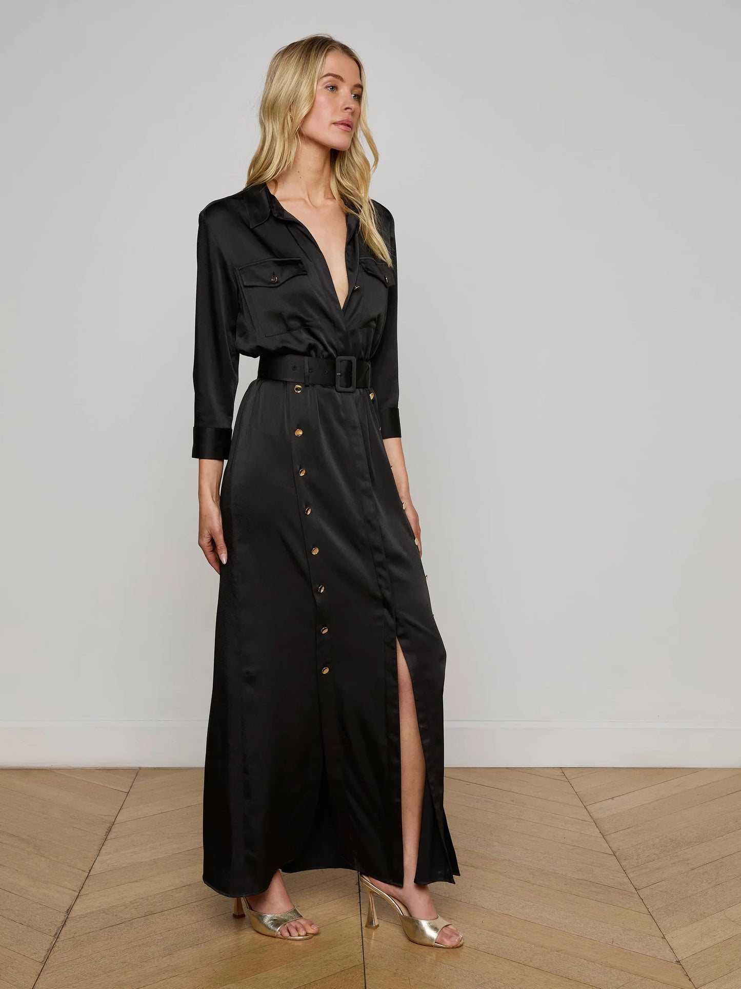 URIAH SATIN SHIRT DRESS - BLACK