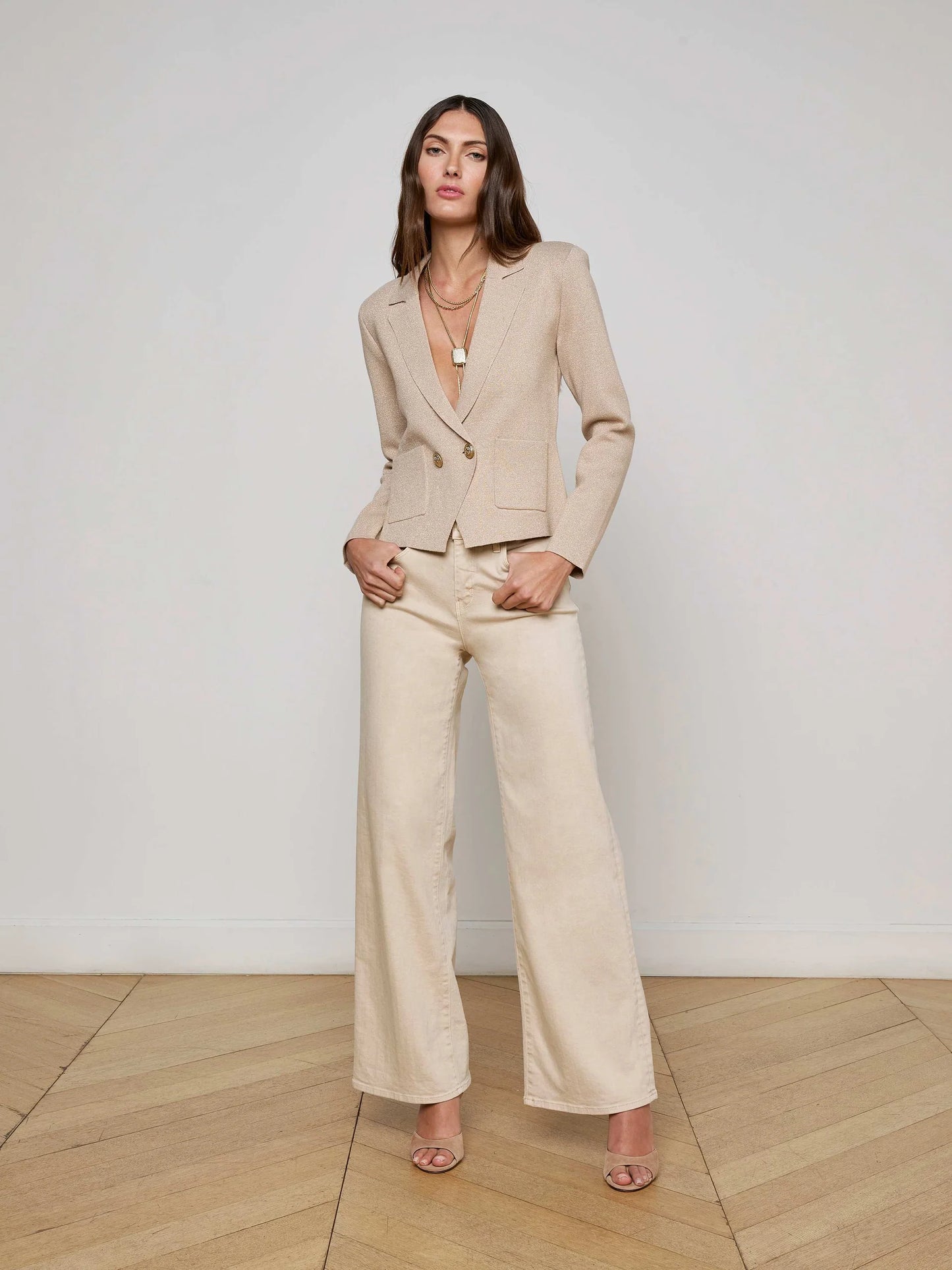 SOFIA KNIT BLAZER - PALE KHAKI/GOLD
