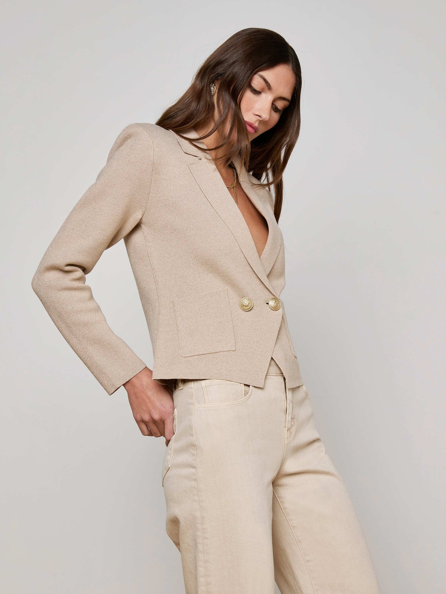 SOFIA KNIT BLAZER - PALE KHAKI/GOLD