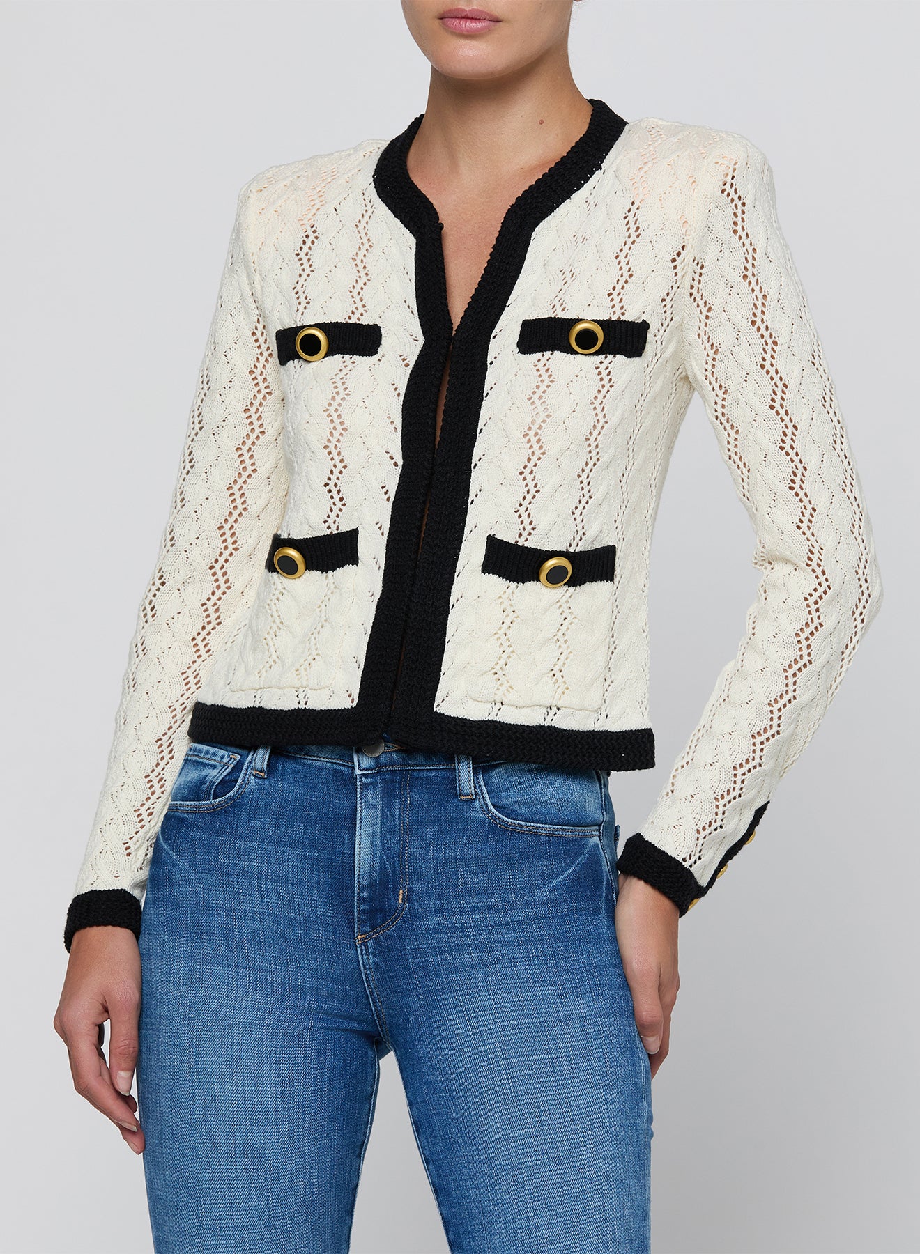 *PREORDER* ZEPHYRA POINTELLE CARDIGAN - IVORY/BLACK