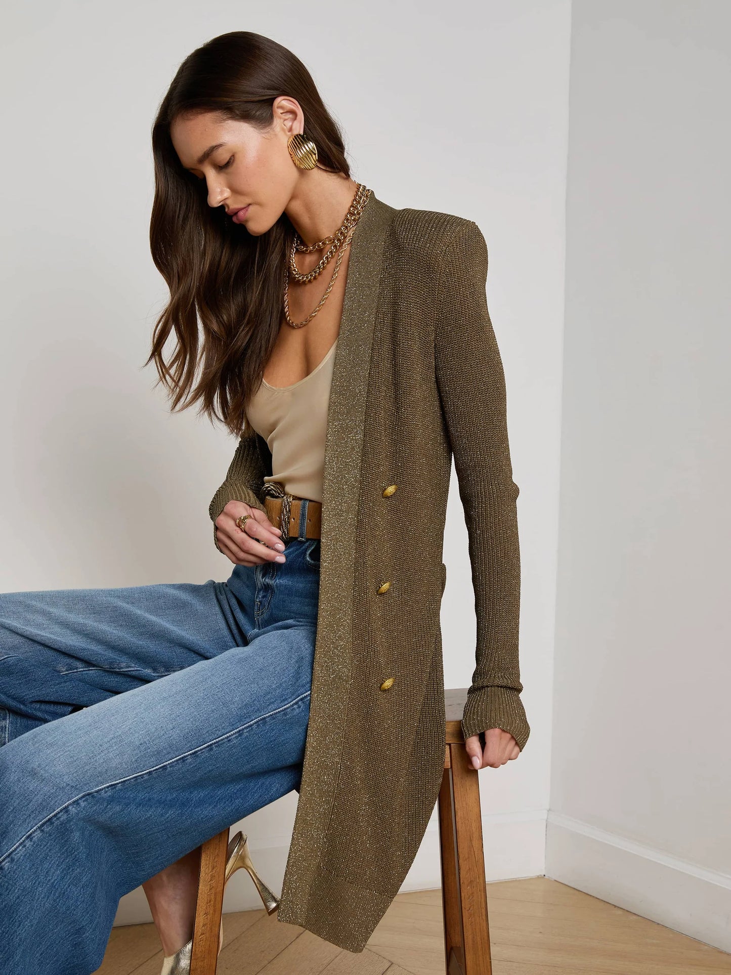 NOE DOUBLE BREASTED CARDI - PINE/GOLD