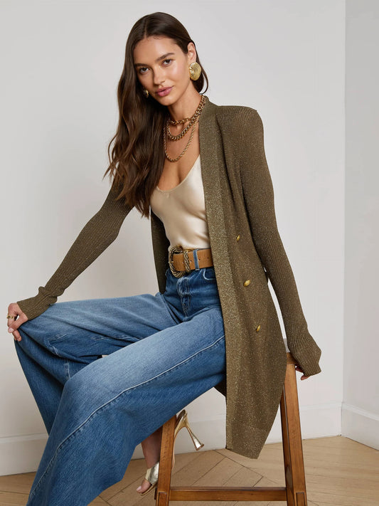 NOE DOUBLE BREASTED CARDI - PINE/GOLD