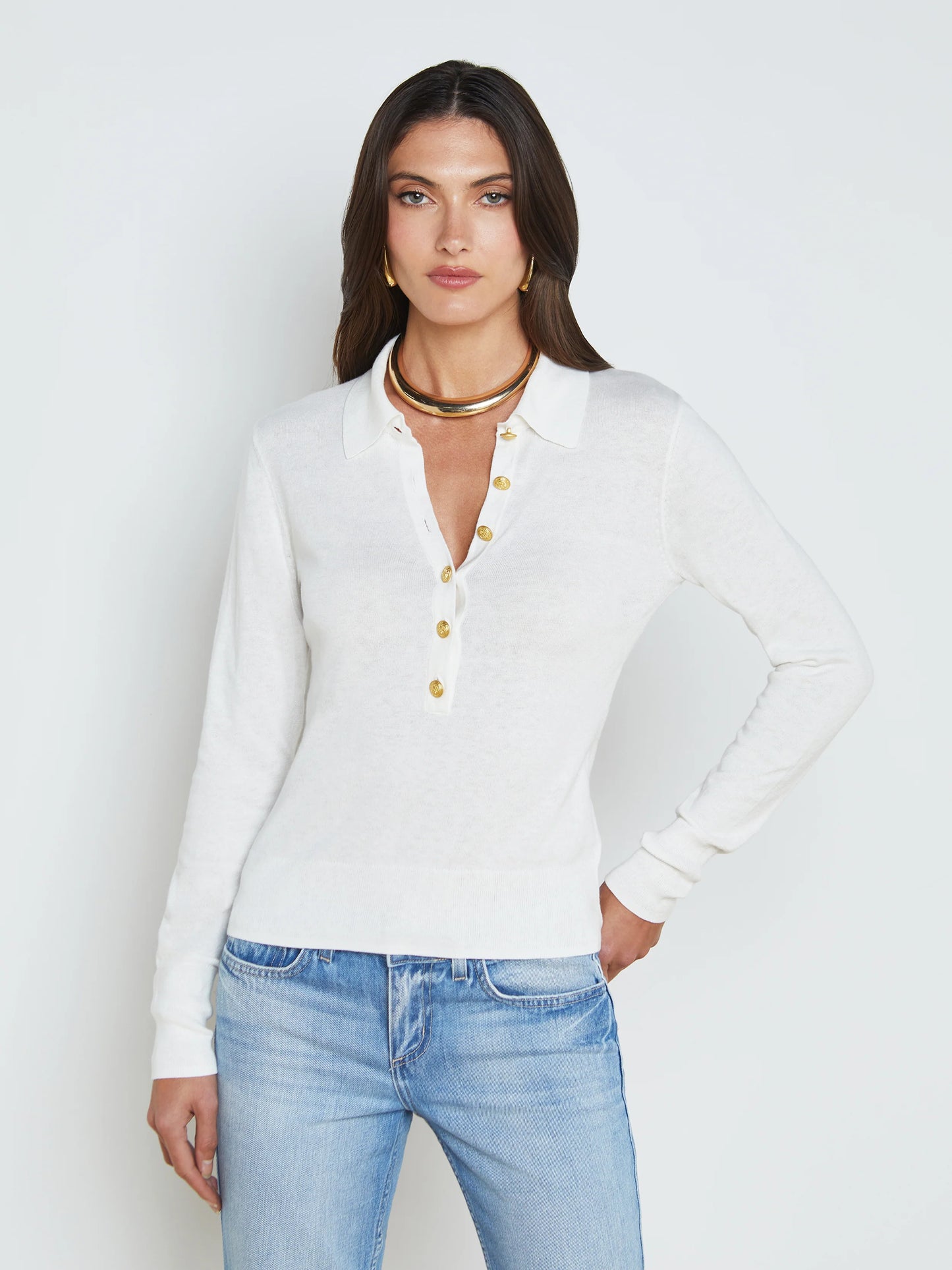 STERLING COLLARED SWEATER - WHITE/GOLD