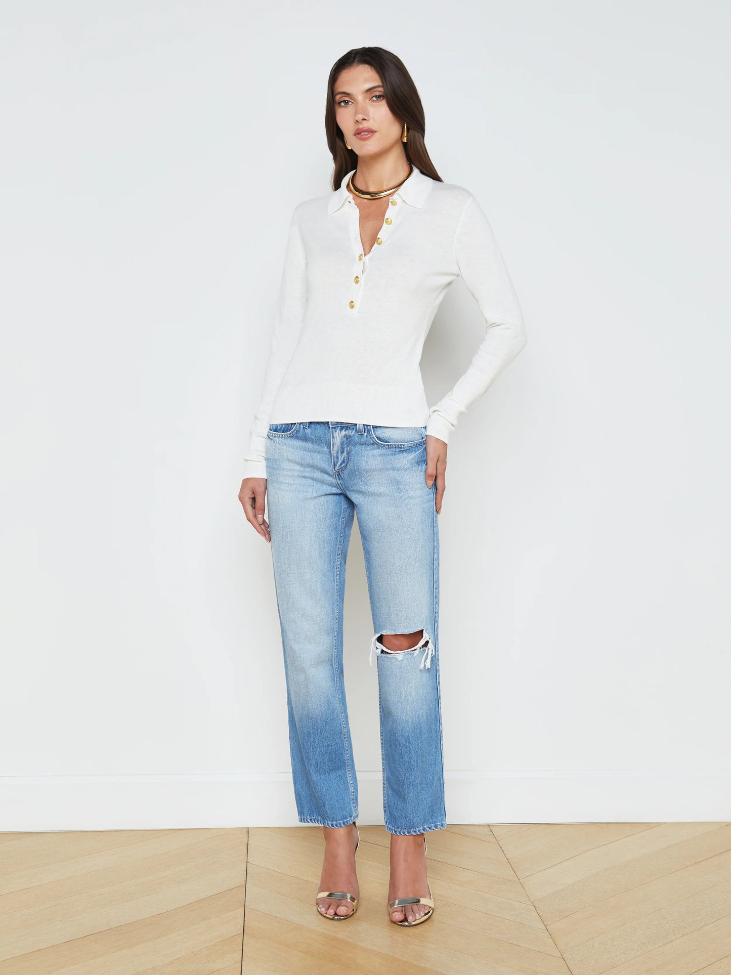 STERLING COLLARED SWEATER - WHITE/GOLD