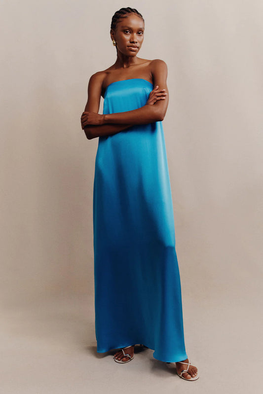 CIEL SILK STRAPLESS COLUMN MAXI DRESS - AQUA