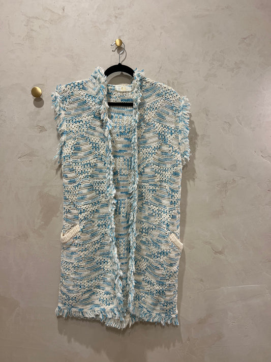 BOHO WOOL PATTERN LONG VEST - BLUE/WHITE