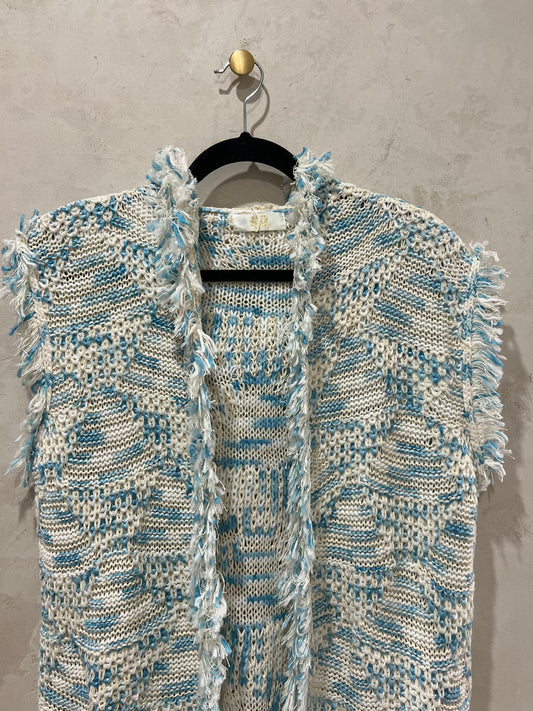 BOHO WOOL PATTERN LONG VEST - BLUE/WHITE