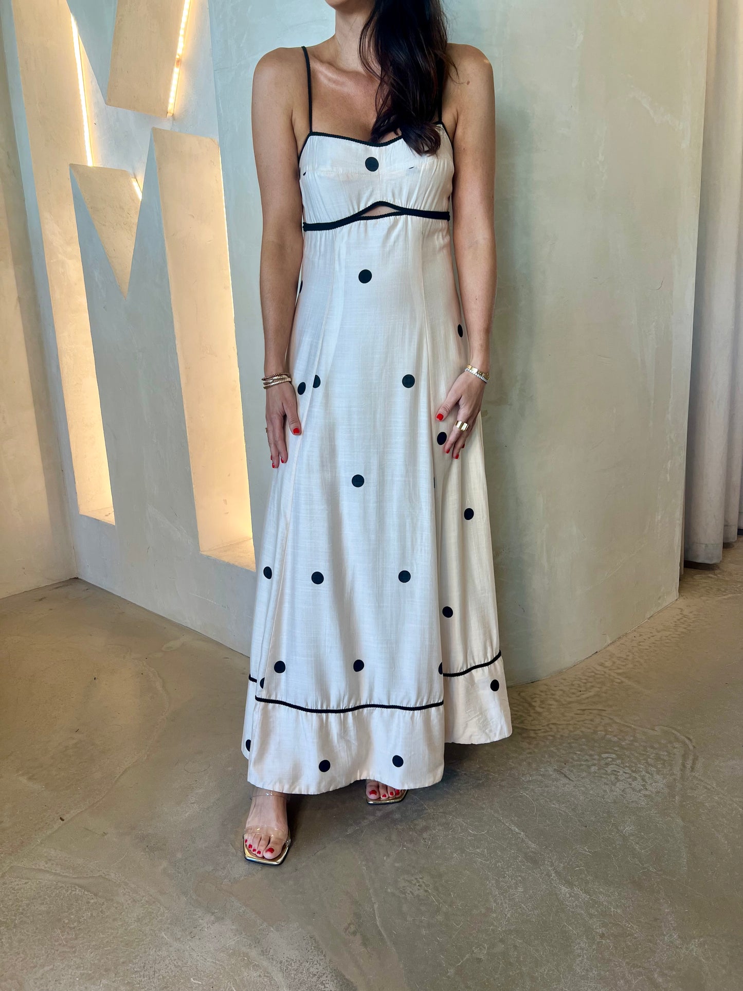 POLKA DOT MAXI DRESS - BEIGE/BLACK