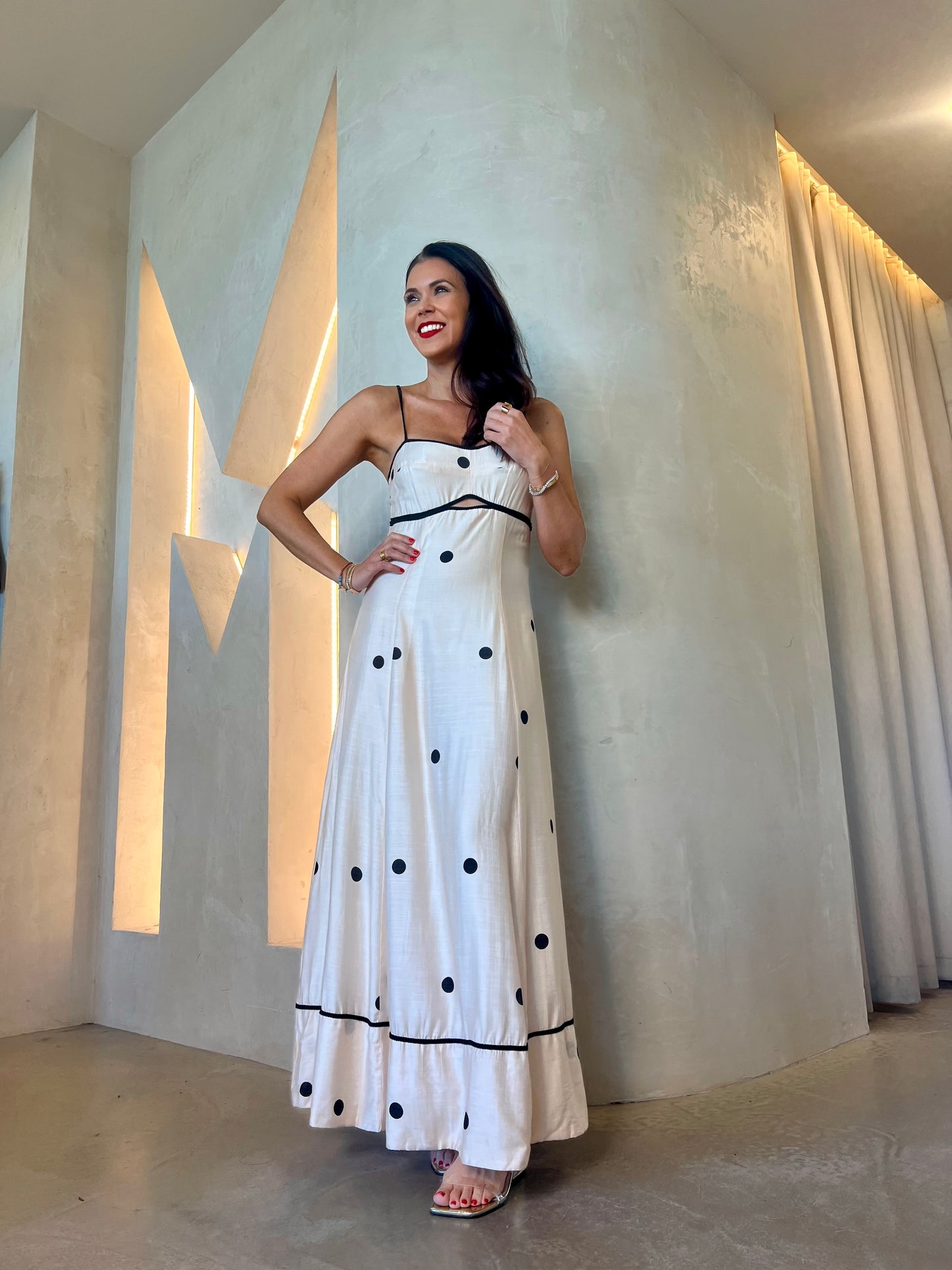 POLKA DOT MAXI DRESS - BEIGE/BLACK