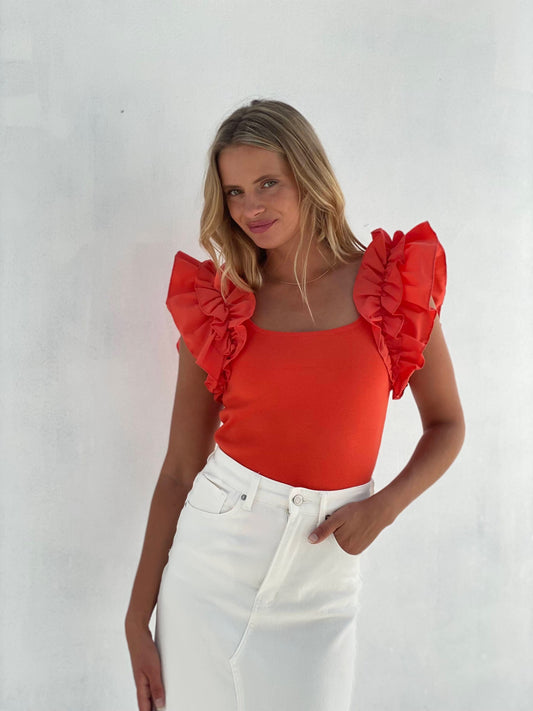 RUFFLE SHOULDER TOP - RED