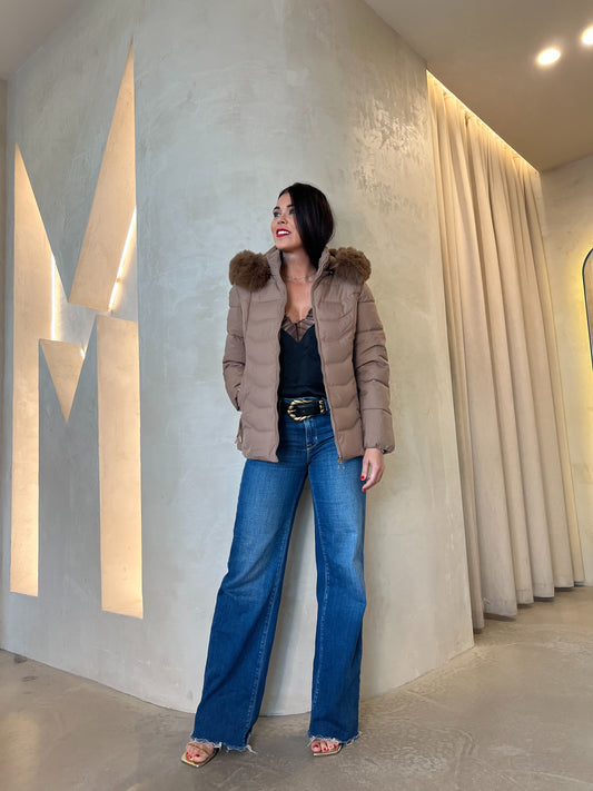 PUFFER JACKET WITH FUR - BROWN
