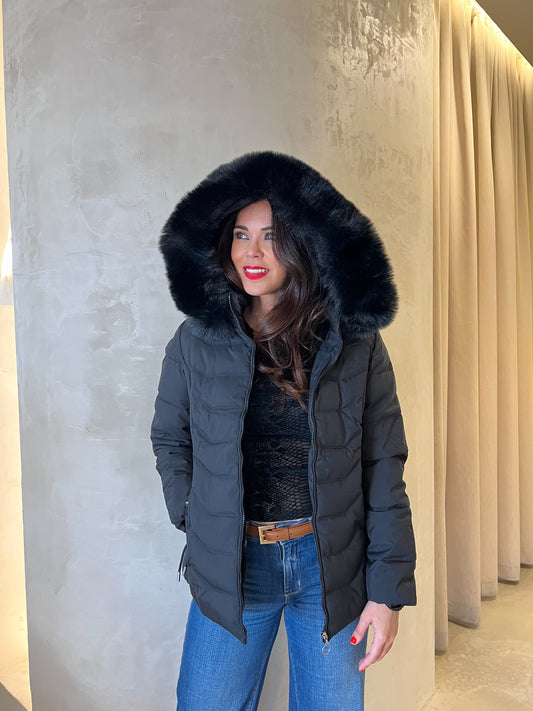 PUFFER JACKET WITH FUR - BLACK