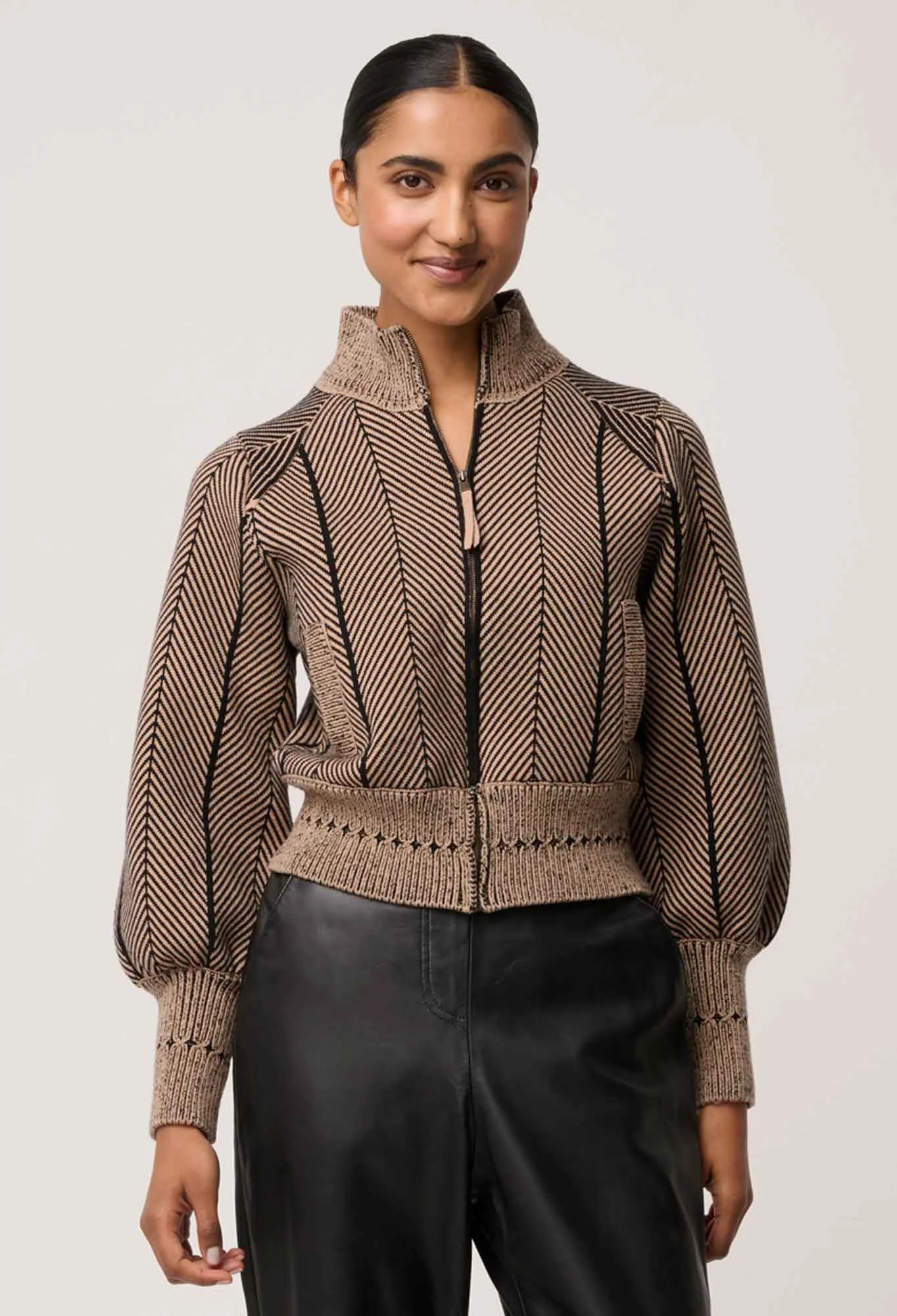 *PREORDER* JEANNE KNIT BOMBER JACKET - TAN CHEVRON