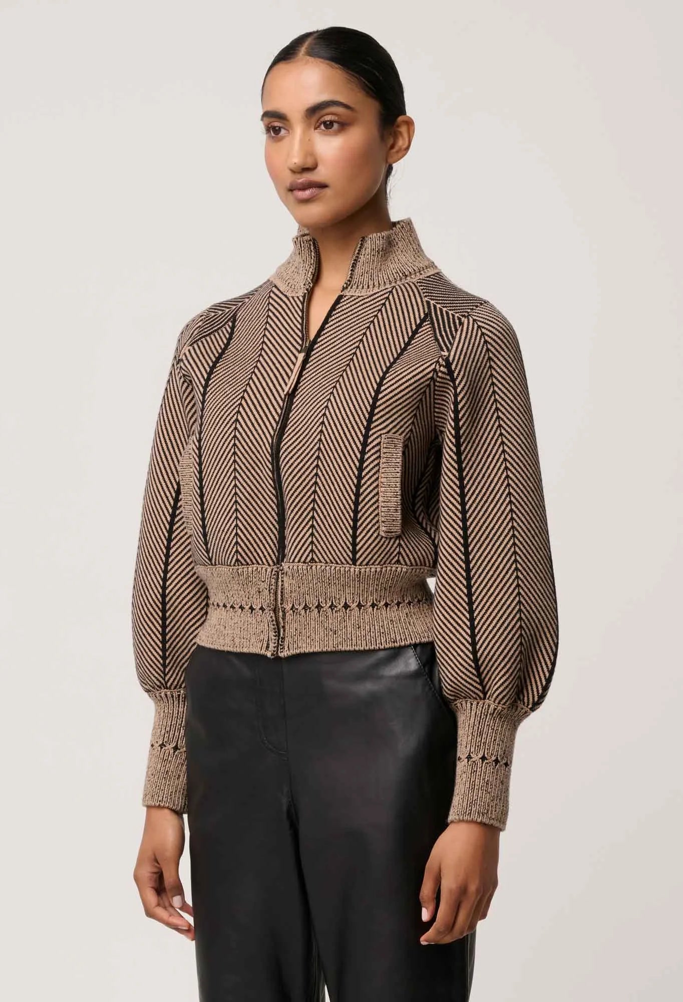 *PREORDER* JEANNE KNIT BOMBER JACKET - TAN CHEVRON