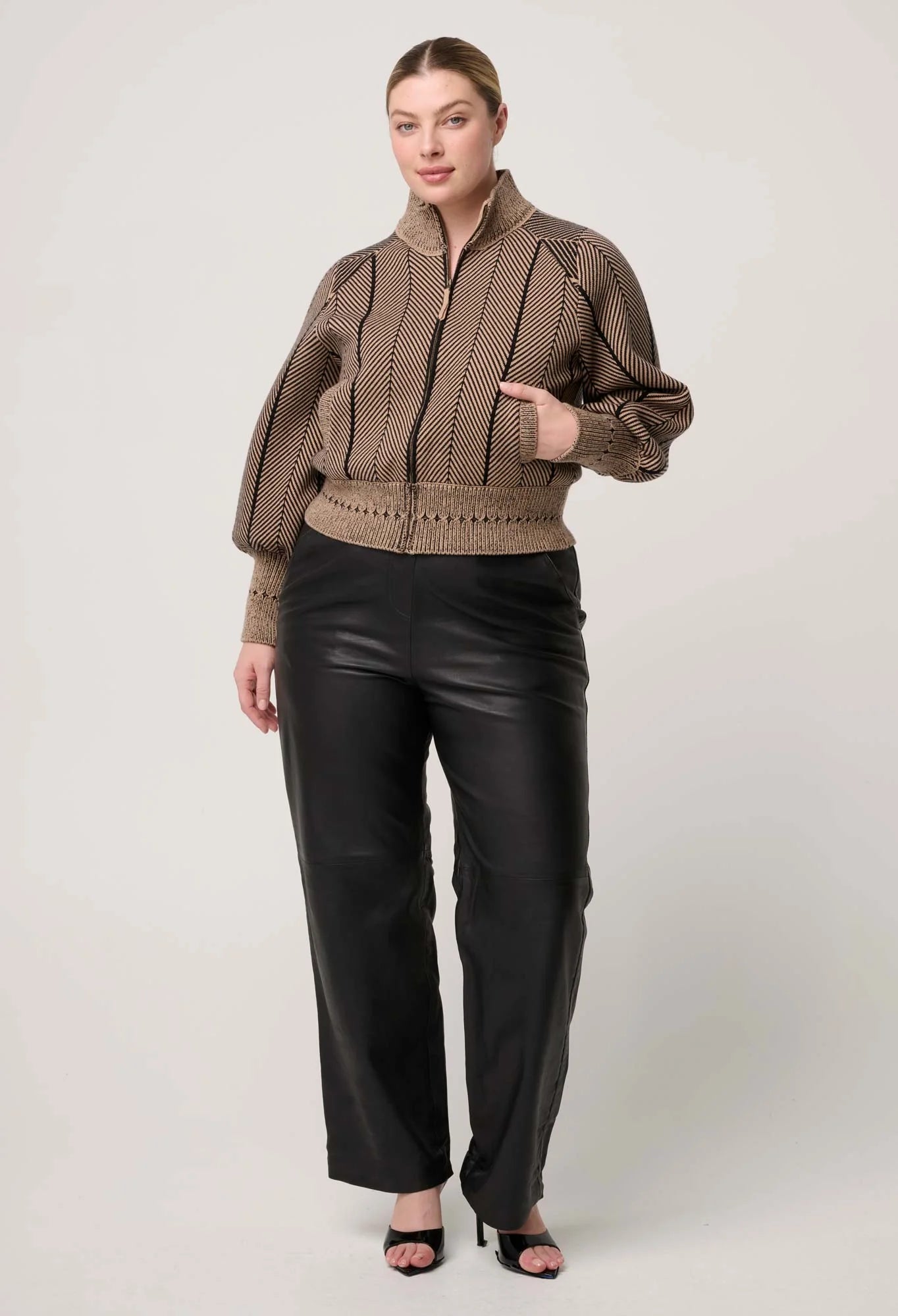 *PREORDER* JEANNE KNIT BOMBER JACKET - TAN CHEVRON