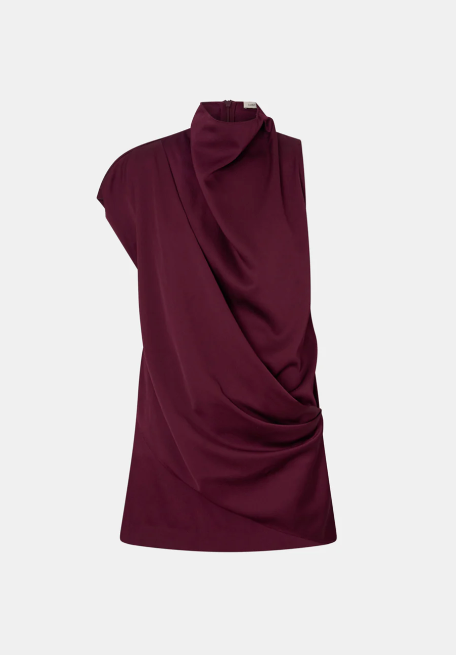 AERIS DRAPED SATIN MINI DRESS - BURGUNDY