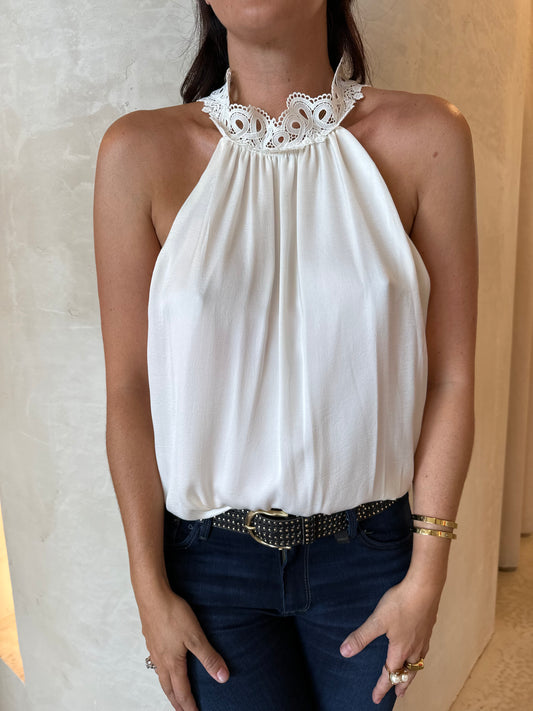 HIGH NECK LACE DETAIL TOP - IVORY